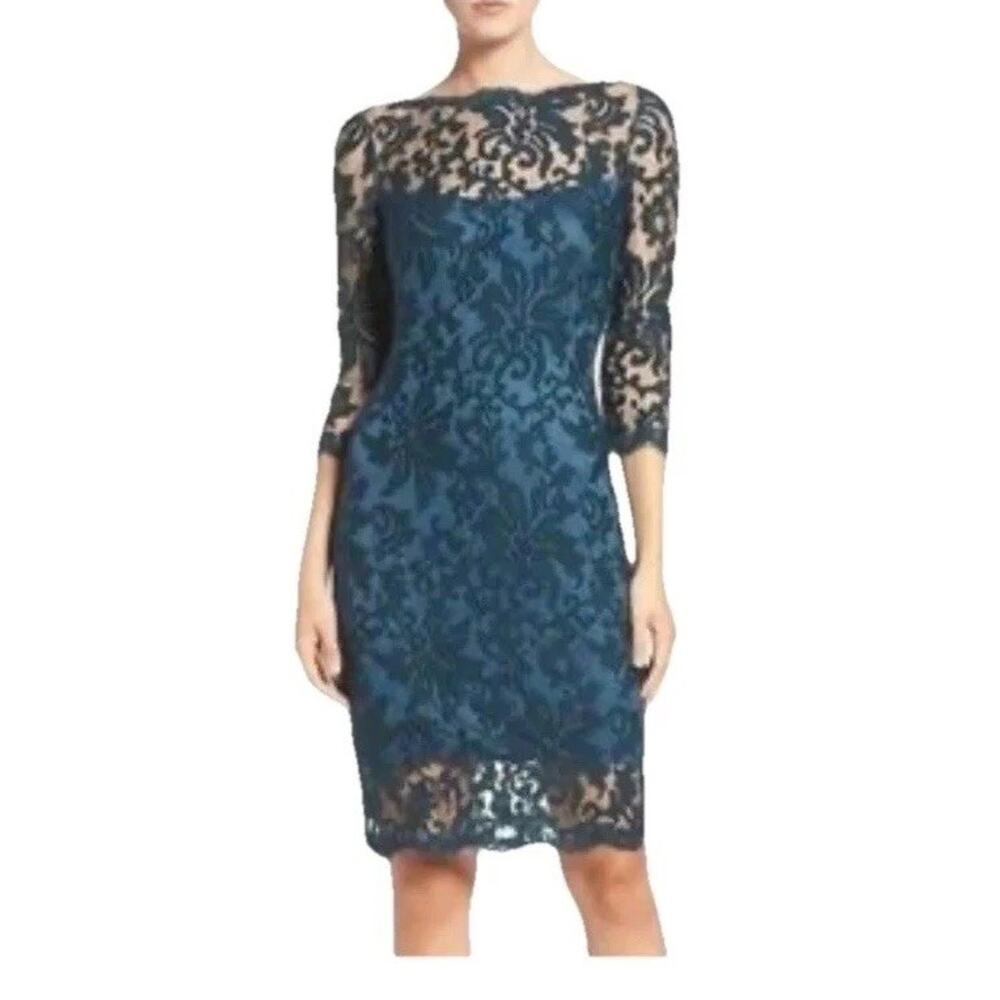 Tadashi Shoji Size 2 Deep Teal Lace Sheath Dress 3/4 Sleeve Illusion Cocktail